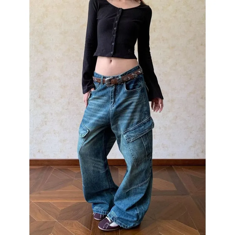 美式水洗做旧大口袋弯刀牛仔裤男女宽松廓形猫须拖地裤子