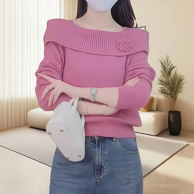 小香风立体花朵一字肩针织衫抗起球女秋季毛衣法式洋气减龄上衣女