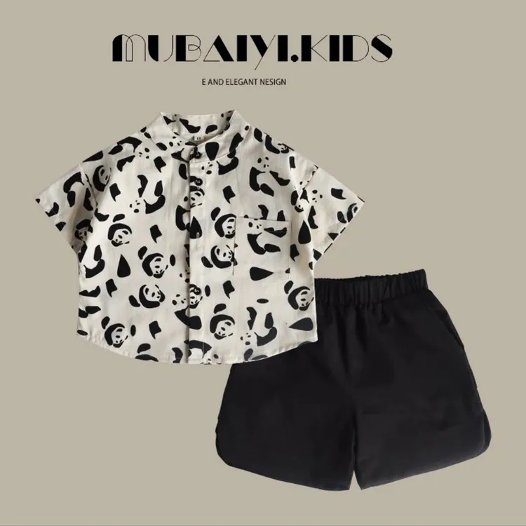 满印熊猫!男童短袖衬衫洋气时尚1-2-3-4岁宝宝薄款帅气衬衣儿童潮