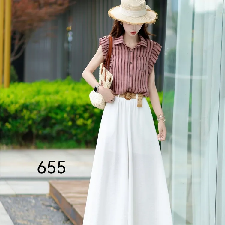 2025女款夏薄款气质穿搭套装修身年轻上衣条纹半身裙裤显瘦两件套