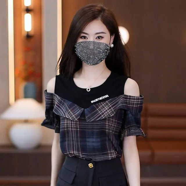 短袖雪纺衫女2025新款假两件露肩上衣夏季遮肚子显瘦时尚洋气衬衫