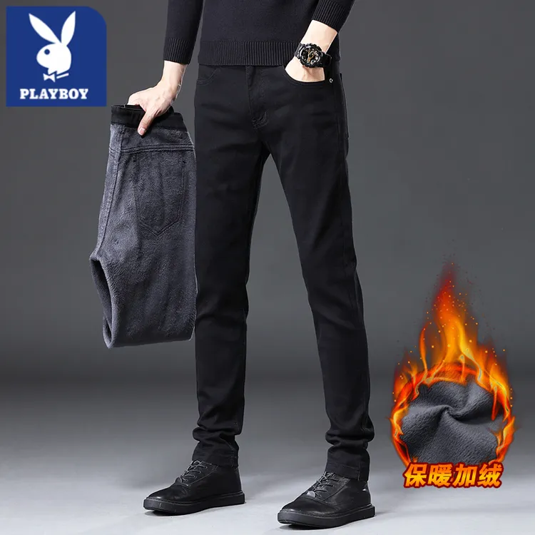 花花公子秋冬款纯黑牛仔裤男款加绒加厚修身小脚潮流百搭休闲裤子