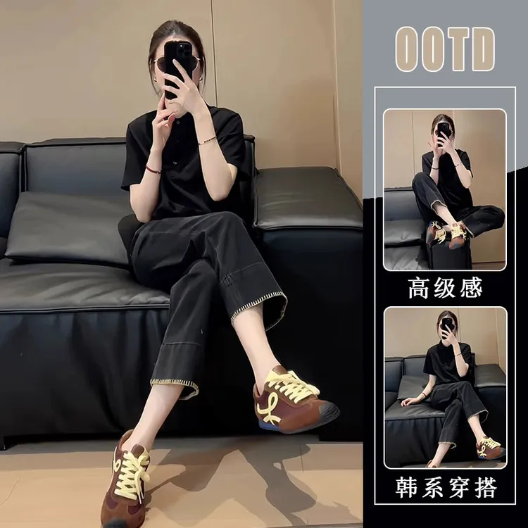 2025新款夏装搭配一整套黑色POLO领短袖T恤显瘦牛仔裤两件套装女
