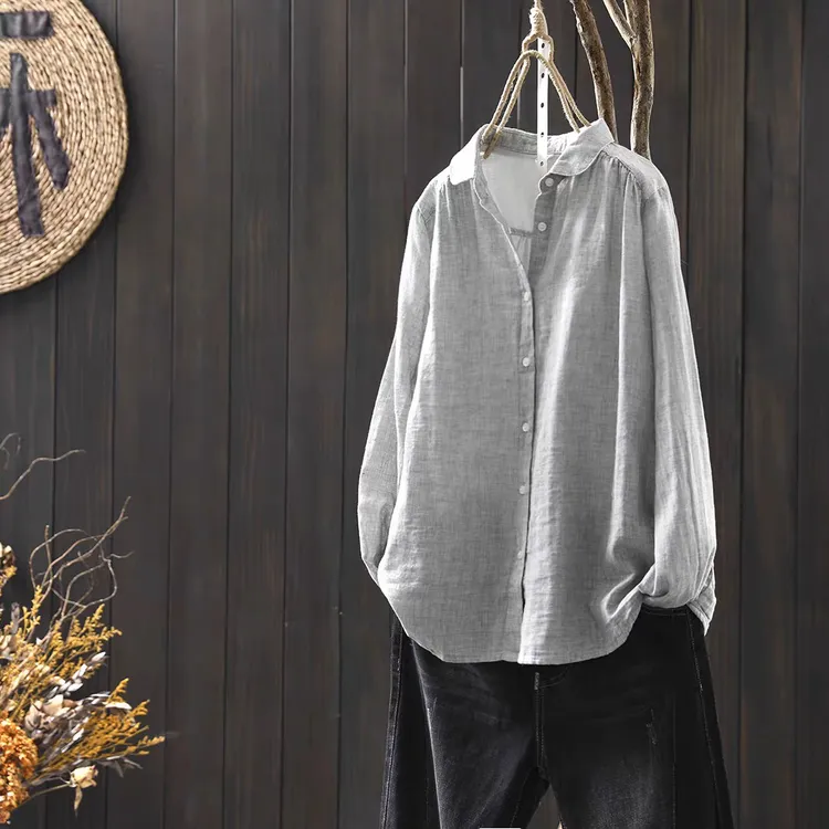（正版）双层棉纱长袖衬衫女复古文艺2025春秋宽松休闲百搭直筒衬衣