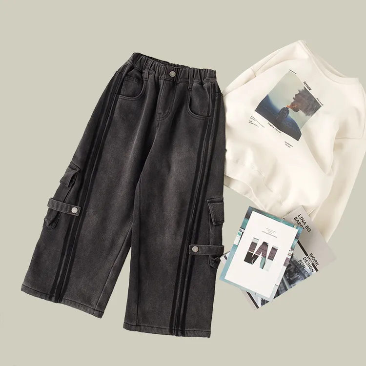 吴小越w785男童牛仔裤加绒贴标韩版痞帅男孩秋冬新款韩版长裤