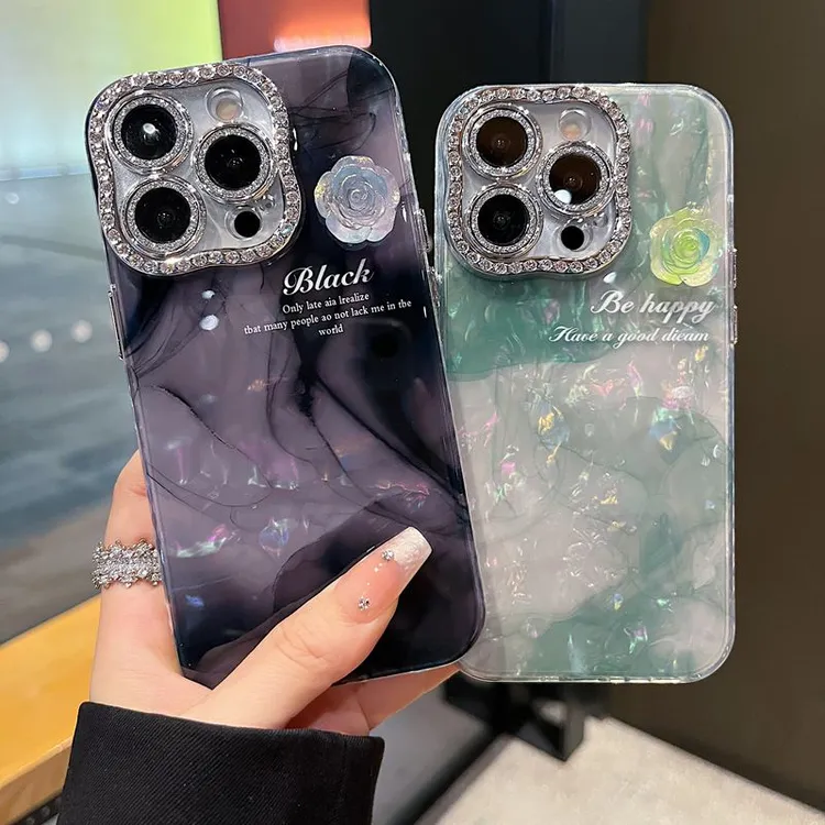 适用苹果系列iPhone16新款手机壳炫彩理石纹山茶扭钻框闪钻镜头膜