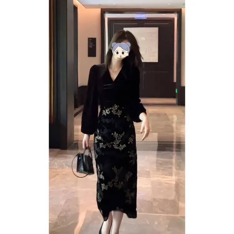 气质名媛风v领长袖拼接连衣裙女重工时尚收腰长裙秋季女装礼服裙