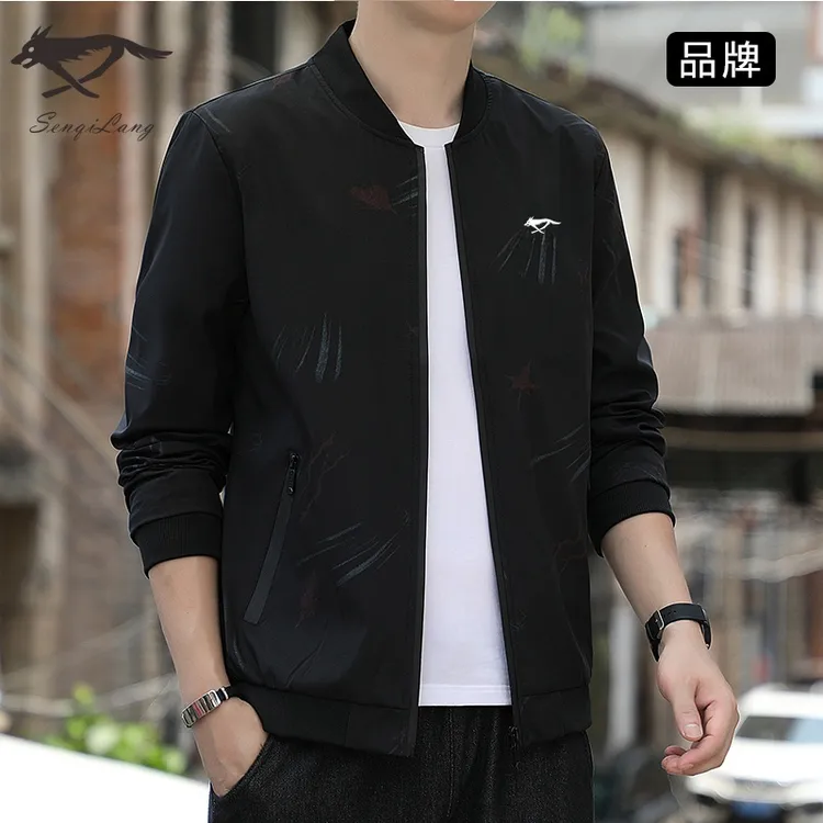 七匹断码狼秋冬新款男士夹克棒球领加绒加厚枫叶款休闲百搭外套男