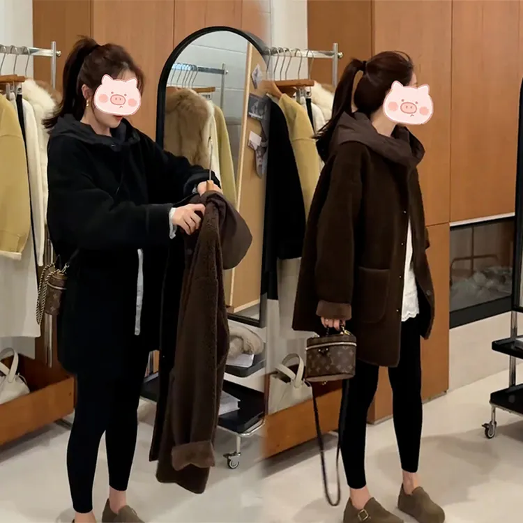 皮毛一体羊羔毛连帽外套女秋冬季新款宽松显瘦加厚保暖中长款上衣