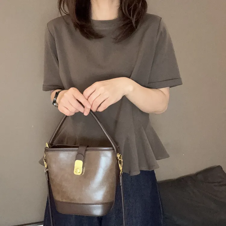 夏季新款荷叶边下摆纯色圆领短袖T恤宽松显瘦女款-2585