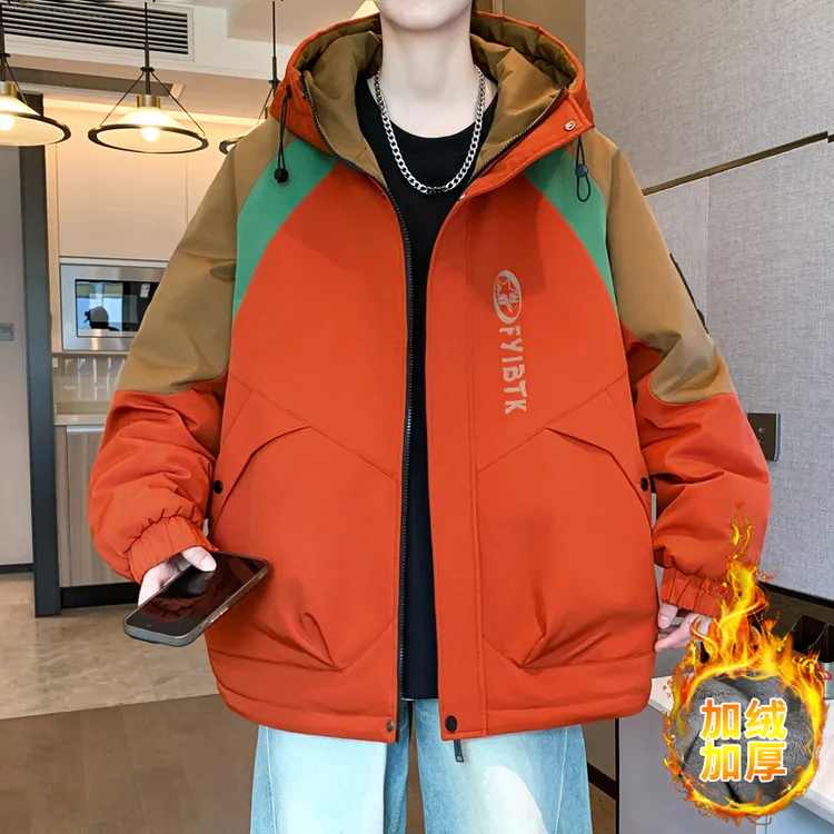青少年男士冬季外套加绒加厚保暖御寒连帽夹克棉衣韩版港风外套