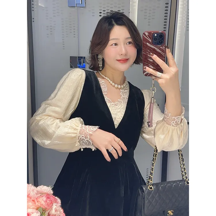 【DIS 定制】【赫拉恋人】气质收腰显瘦蕾丝假两件丝绒小衫Z525D20923