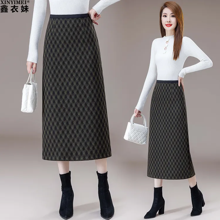 毛呢格子半身裙女秋冬新款2025高腰显瘦一步裙中长款包臀a字裙子