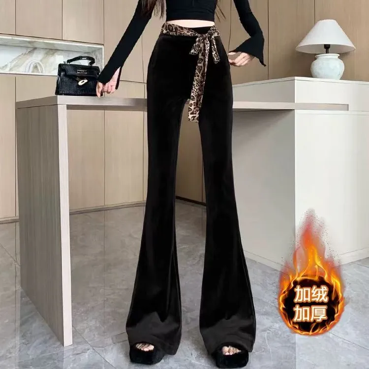 （加绒）腰带丝绒微喇裤女秋冬设计感豹纹绑带高腰垂坠感修身拖地裤