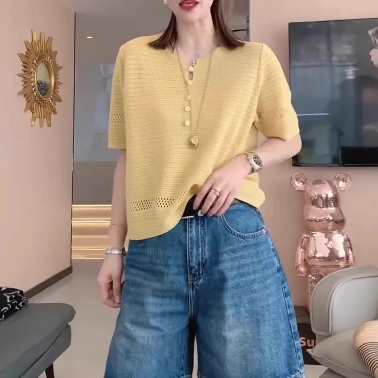 时尚宽松百搭透气上衣夏季新款胖MM大码女装镂空设计感短袖针织衫