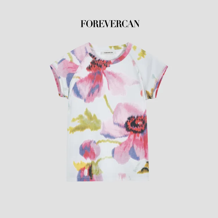 FOREVERCAN“生如夏花”水彩花卉插肩袖印花T恤上衣ST57110