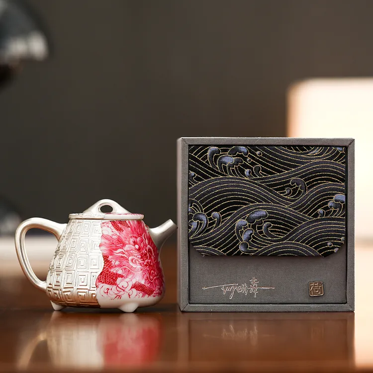 何赋森鎏银祥龙胭脂红彩茶壶泡茶壶石瓢壶茶具礼盒装高档伴手礼