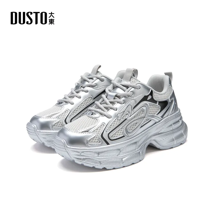 大东老爹鞋小个子增高鞋2025秋季透气休闲百搭银色厚底运动鞋0600