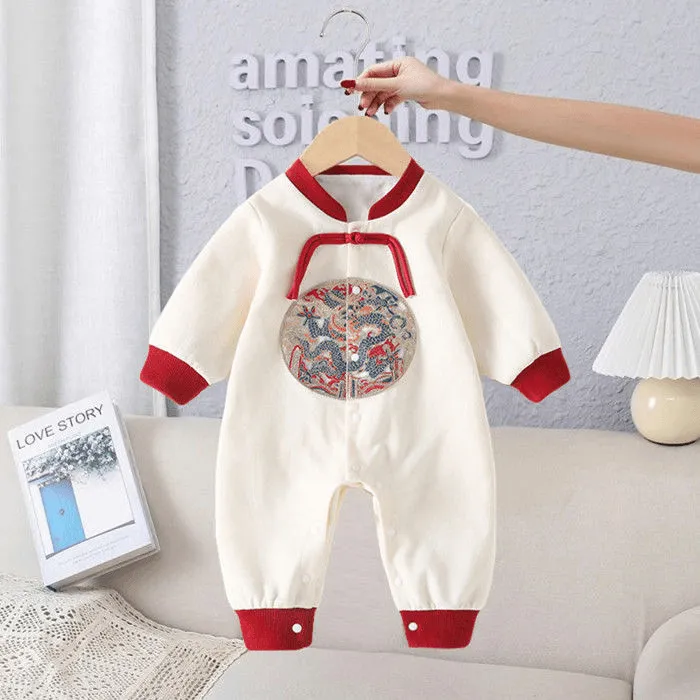 国风婴儿连体衣长袖满月百天礼服哈衣祥龙献瑞透气百搭可爱A类棉