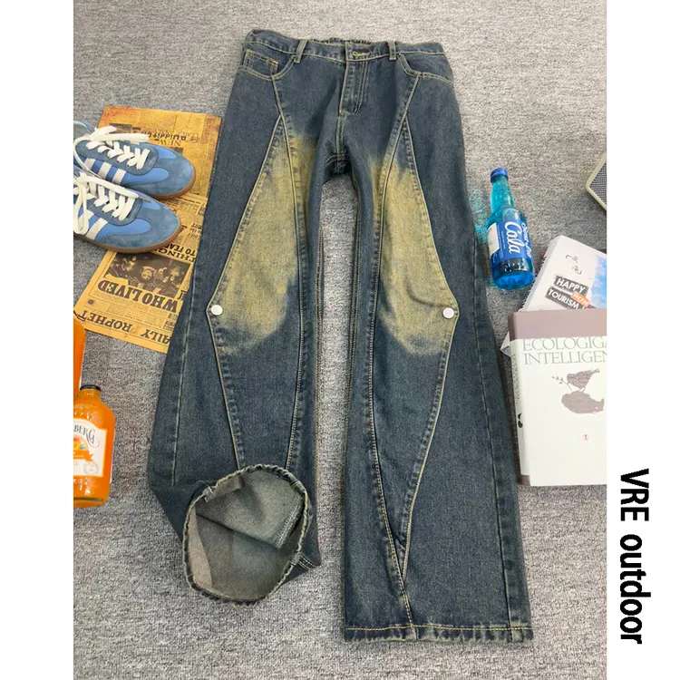 美式高街vibe水洗做旧工装牛仔裤男秋季解构拼接设计宽松直筒裤子