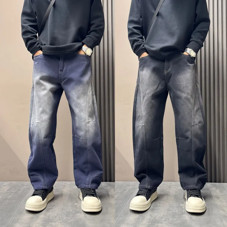 潮流渐变设计感宽松牛仔阔腿裤男秋冬立体裁剪休闲裤复古弯刀裤