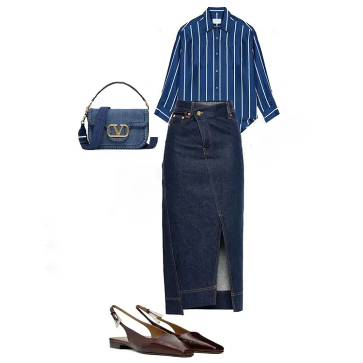 秋季2025新款女轻熟风高级感气质蓝色衬衫显瘦牛仔半身裙两件套