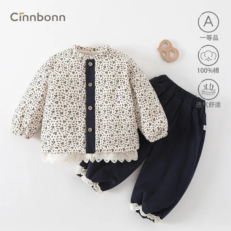 休闲时尚花边百搭韩版女宝宝两件套外穿秋冬套装女童洋气2025新