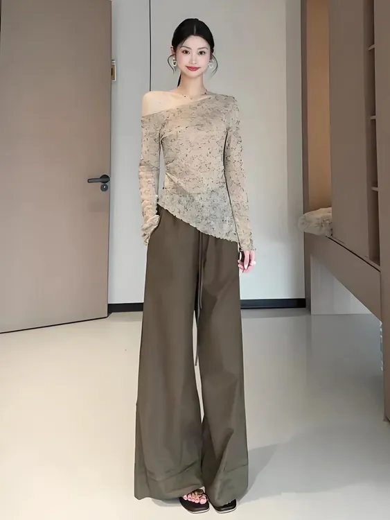 【现货运费险】圆脸酥一树瑶樱2025秋季新款长袖T恤上衣+阔腿裤女
