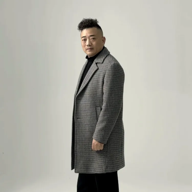 男士冬季加厚羊毛大衣千鸟格复古英伦文艺经典格子大衣