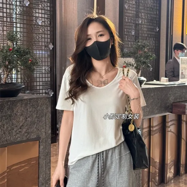 纯色T恤宽松慵懒简约吸汗短袖薄款针织夏季休闲风休闲V领