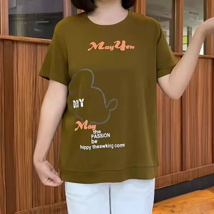 夏季新款加肥大码220斤胖妈妈可穿时尚印花圆领休闲宽松T恤打底衫