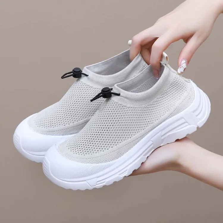 增高厚底女鞋夏新款透气防滑休闲鞋轻便网面一脚蹬妈妈鞋平底防滑