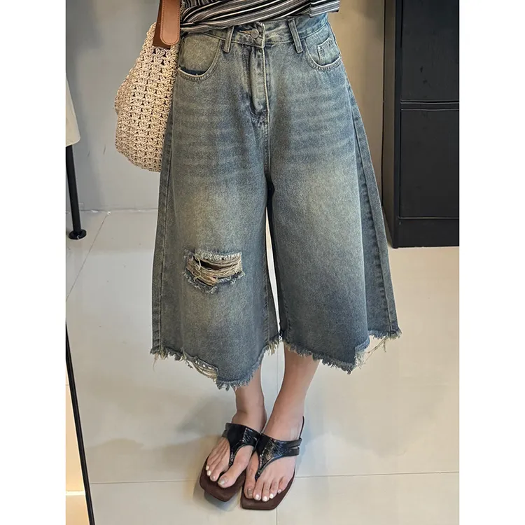 美式直筒破洞七分牛仔裤女夏季新款高街过膝阔腿宽松显瘦百搭中裤