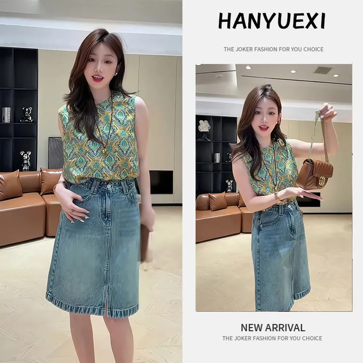 夏季一整套女装2025年新款韩版减龄时尚无袖上衣牛仔半身裙两件套