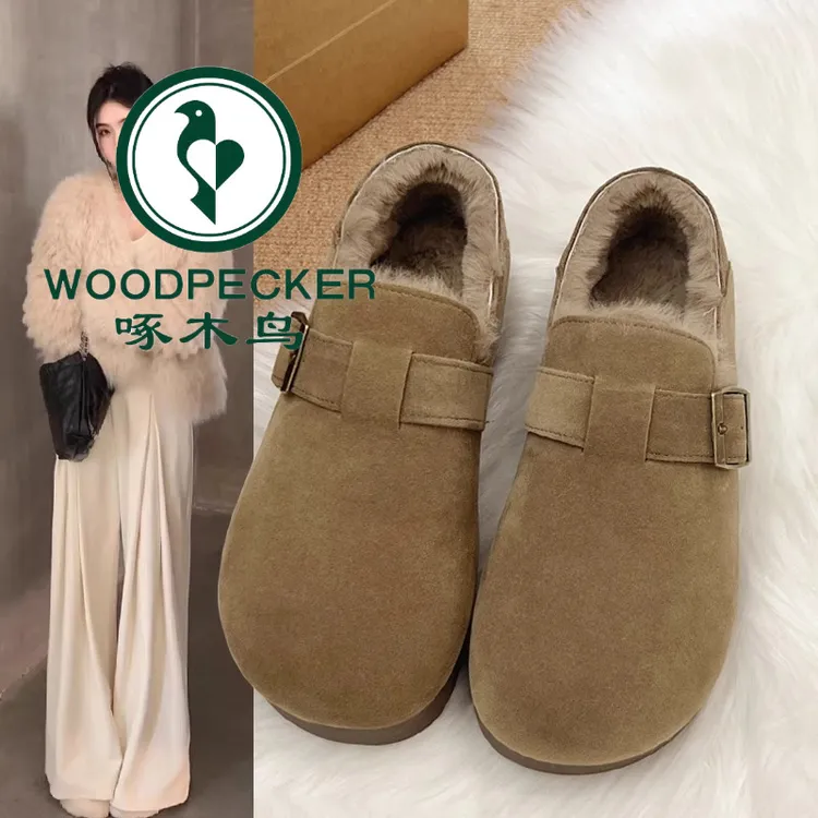 啄木鸟加绒全包复古勃肯鞋冬新款一脚蹬棉鞋毛毛鞋加厚保暖雪地靴