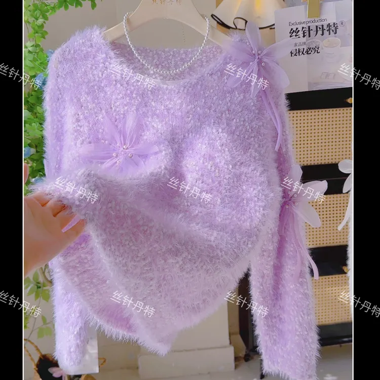 向-花朵订珠秋冬新款镂空针织衫女韩系上衣甜美温柔软糯毛衣长袖