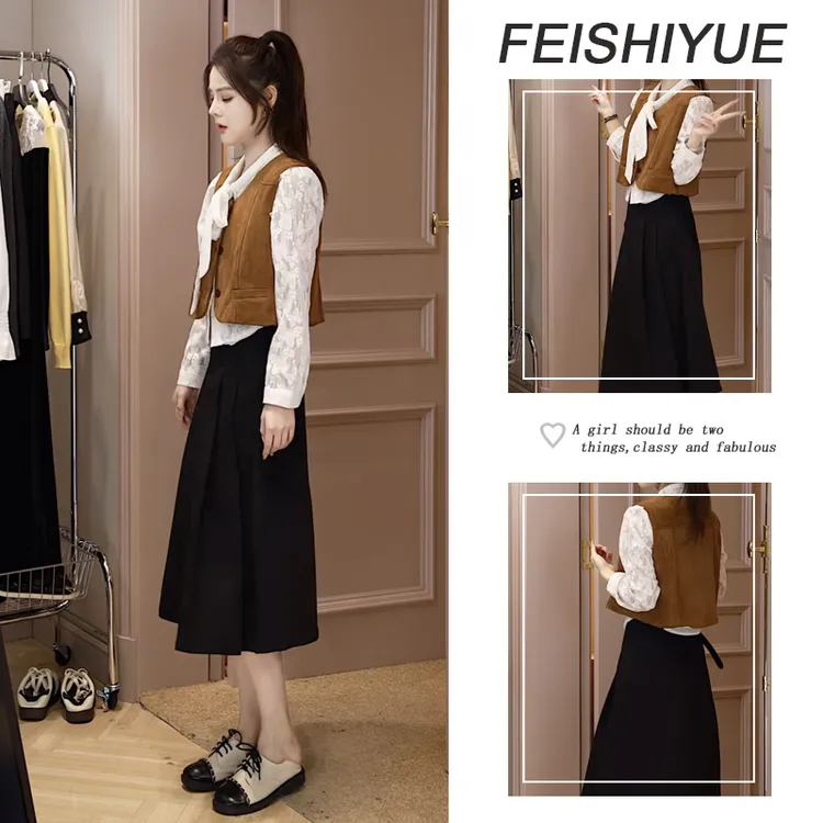 早秋时尚一整套女装2025新款韩版绑定衬衫复古马甲半身裙三件套潮