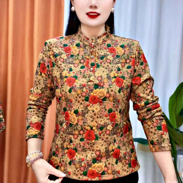 秋冬季新款妈妈装小衫时尚洋气双面绒木耳花边领长袖打底上衣女