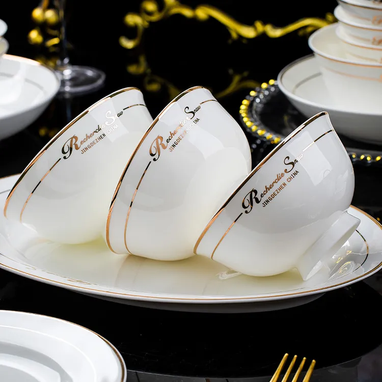 【源头工厂】景德镇陶瓷餐具套装金英文高档骨瓷餐具碗碟套装金边轻