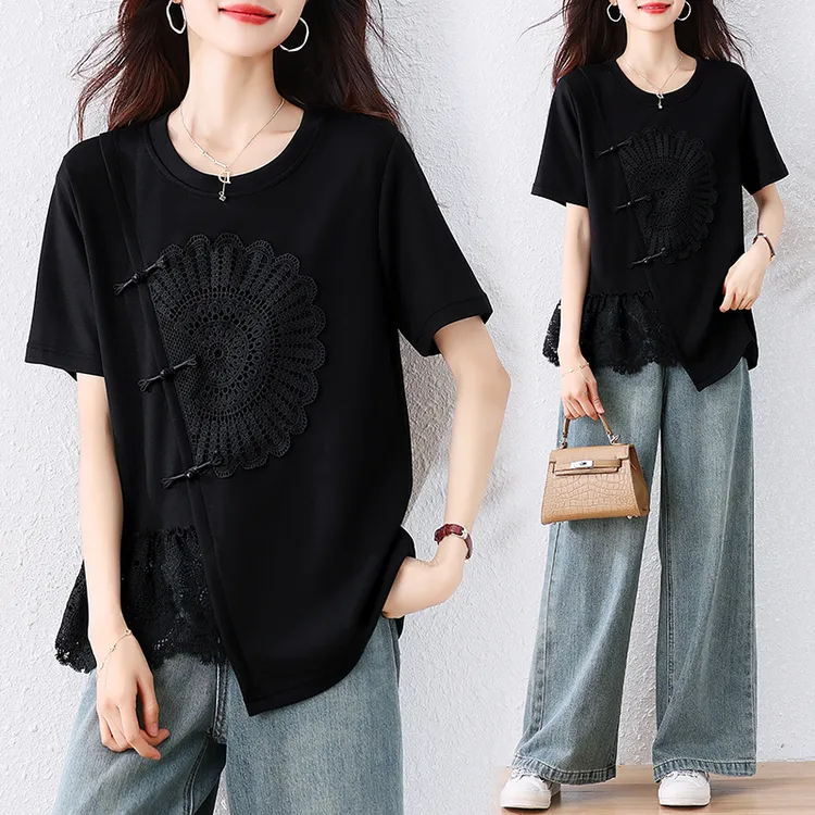 2025夏季新品胖MM短袖蕾丝拼接上衣大码设计感遮肚子宽松T恤