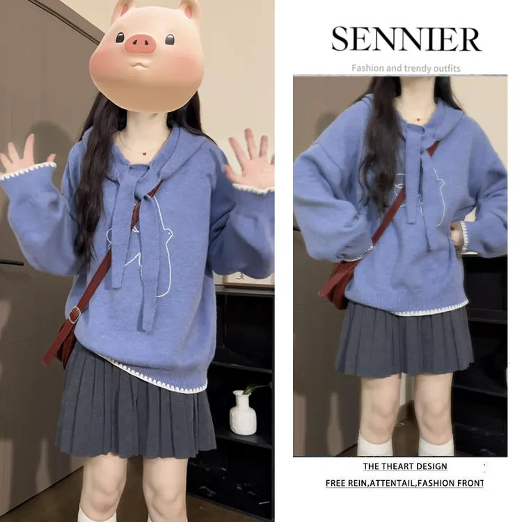 2025秋季韩系穿搭女时尚设计感减龄宽松上衣百搭高腰短裙两件套