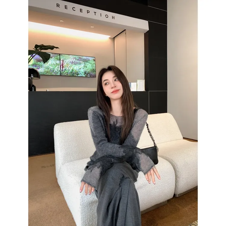 2026秋季新款韩系气质高级慵懒小香风灰色针织衫休闲裤子两件套装