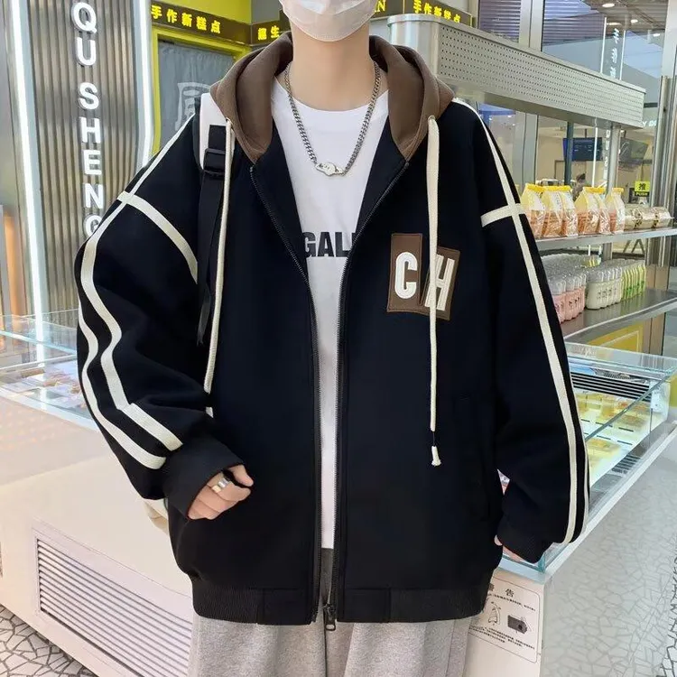 港风连帽夹克外套男秋冬季休闲宽松大码运动加绒加厚百搭开衫卫衣