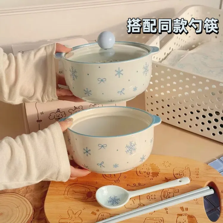 初雪白可爱雪花陶瓷泡面碗家用高颜值餐具釉下彩汤碗带盖大容量yw