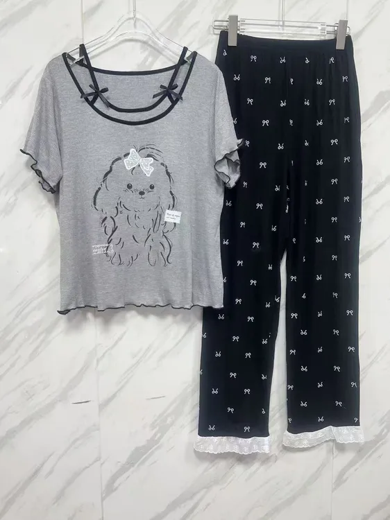 2025年休闲夏季新款卷毛小狗短袖长裤一体式带胸垫家居服套装睡衣