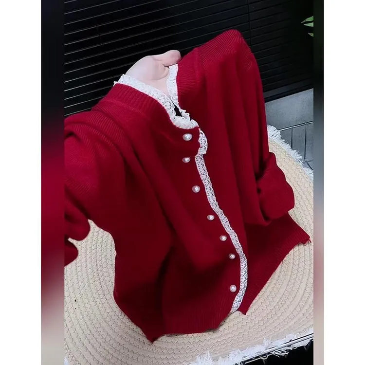 2025秋季新款法式高级感复古圆领单排扣花边针织开衫显瘦遮肚上衣