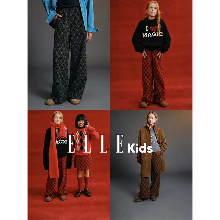 ELLEKIDS童装复古经典菱形格纹直筒裤呢料全腰松紧宽松显瘦长裤D4