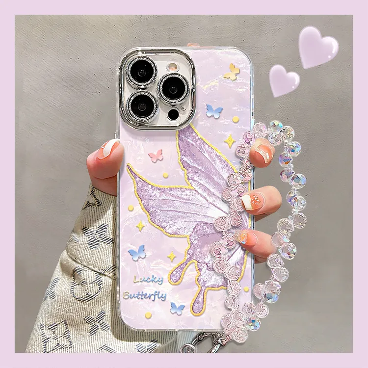 紫色蝴蝶适用苹果16华为vivo/oppo小米iPhone17精孔贝壳纹手机壳