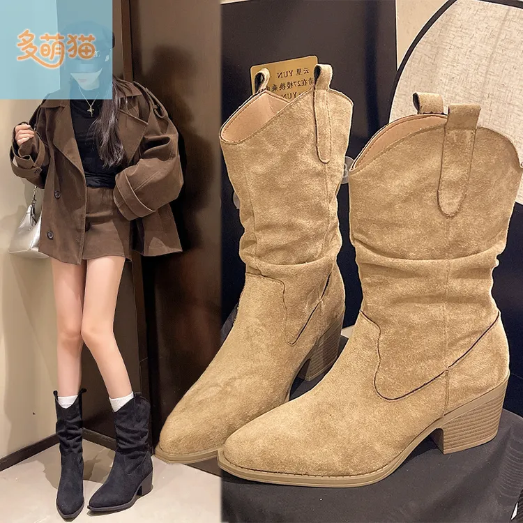 内增高马丁靴女2025秋冬季绒面复古口高跟小个子尖头堆堆小短靴