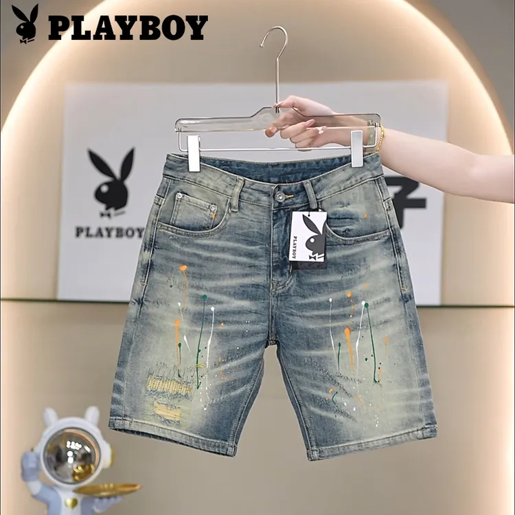 PLAYBOY/花花公子夏季薄款男士泼墨假破洞潮流时尚痞帅牛仔短裤